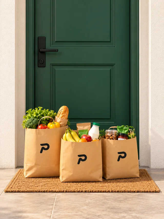 Three Pikvita bags of groceries at a green front door