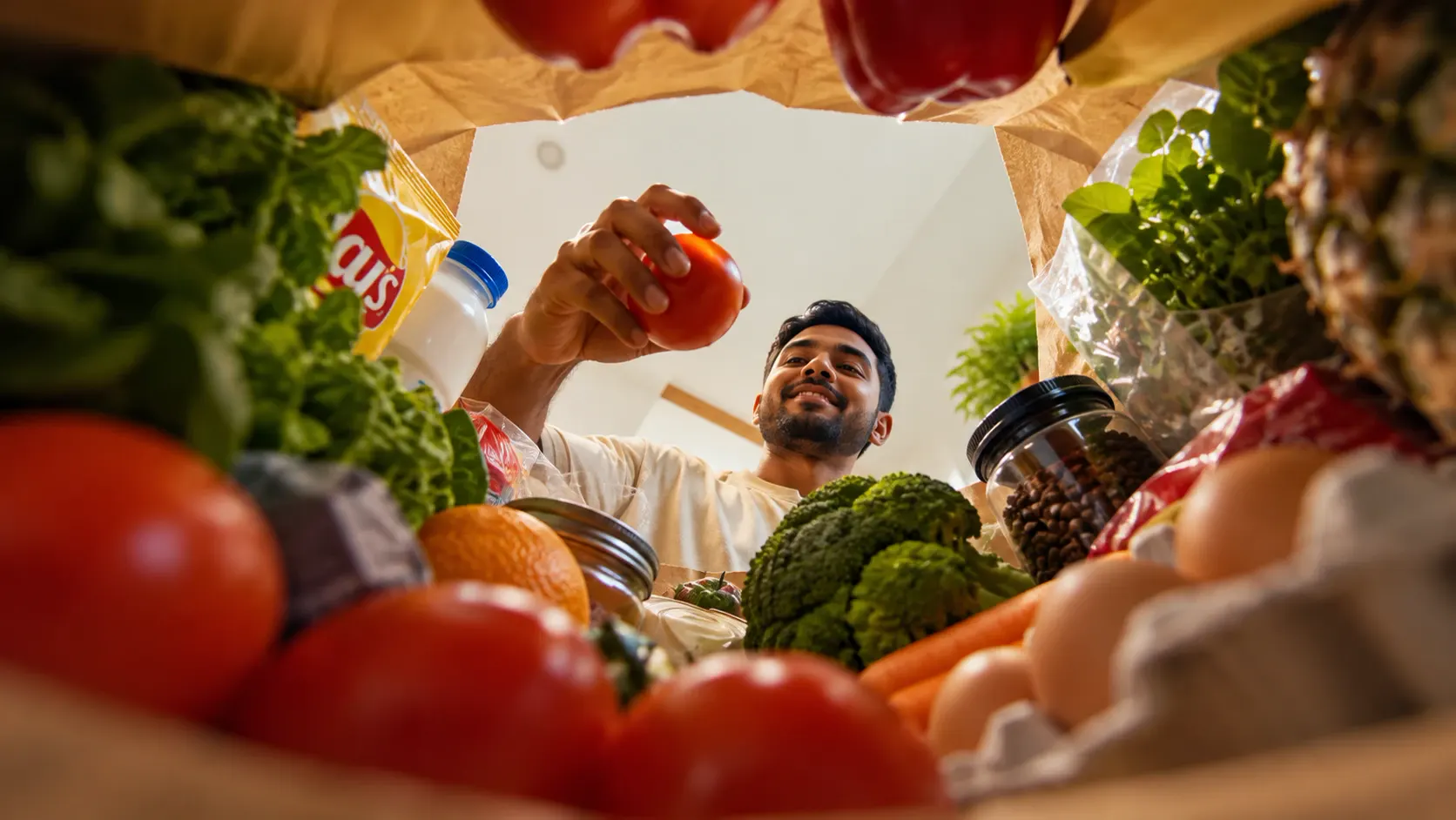 A man smiling as he unpacks a paper bag of fresh groceries, seen from inside the bag