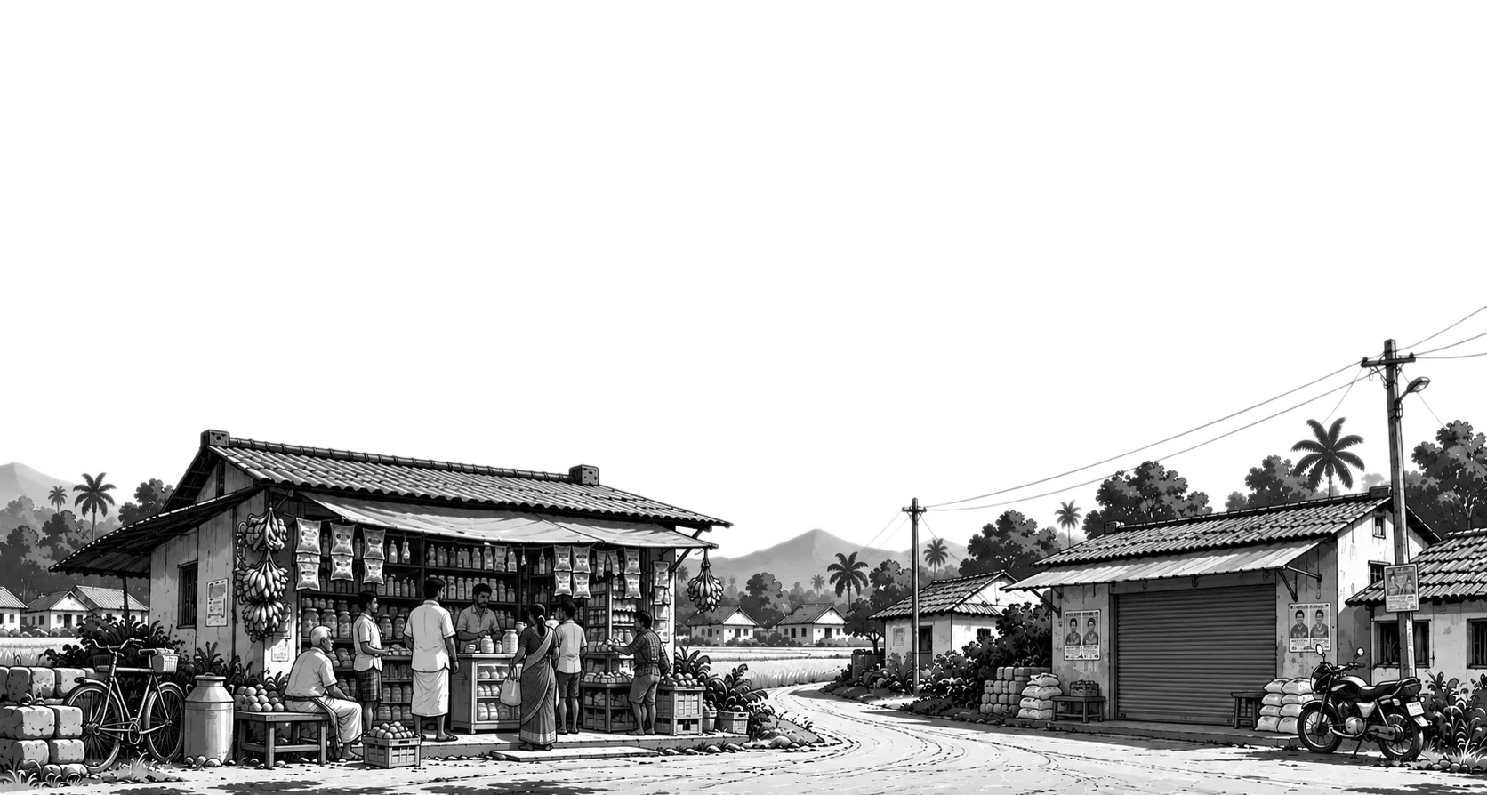 A drawing of a village street with two small stores, people at their counters